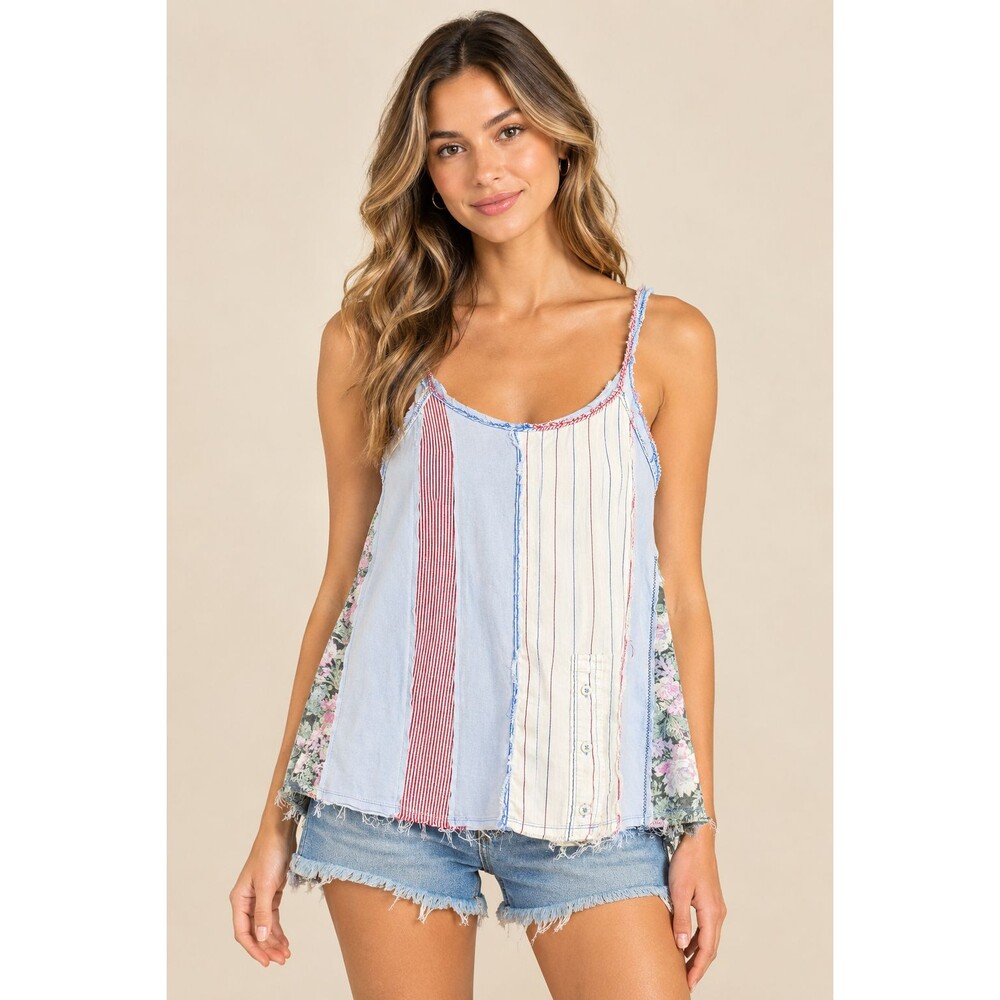 Womens Patchwork Chambray Mixed Print Strappy Tank Top Flowy Boho Size M Beachy